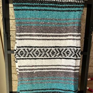 🆕 Authentic Handwoven Mexican Falsa Blanket w/ Fringe in TEAL/GREY